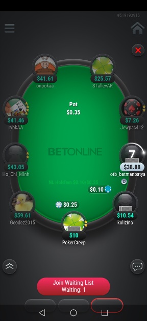 poker table waiting list screenshot
