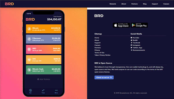 image of the brd bitcoin wallet app on the official website